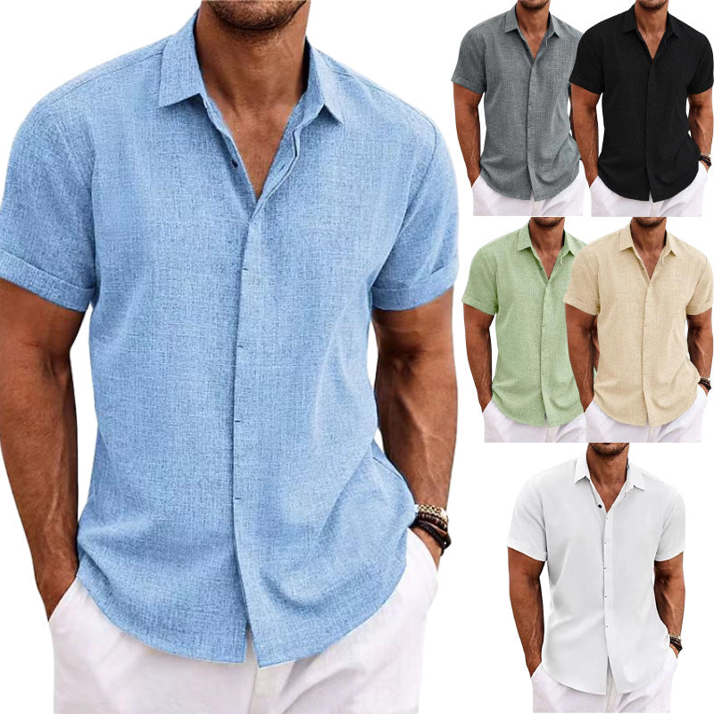 Collage of men wearing short-sleeve button-up shirts in various colors.