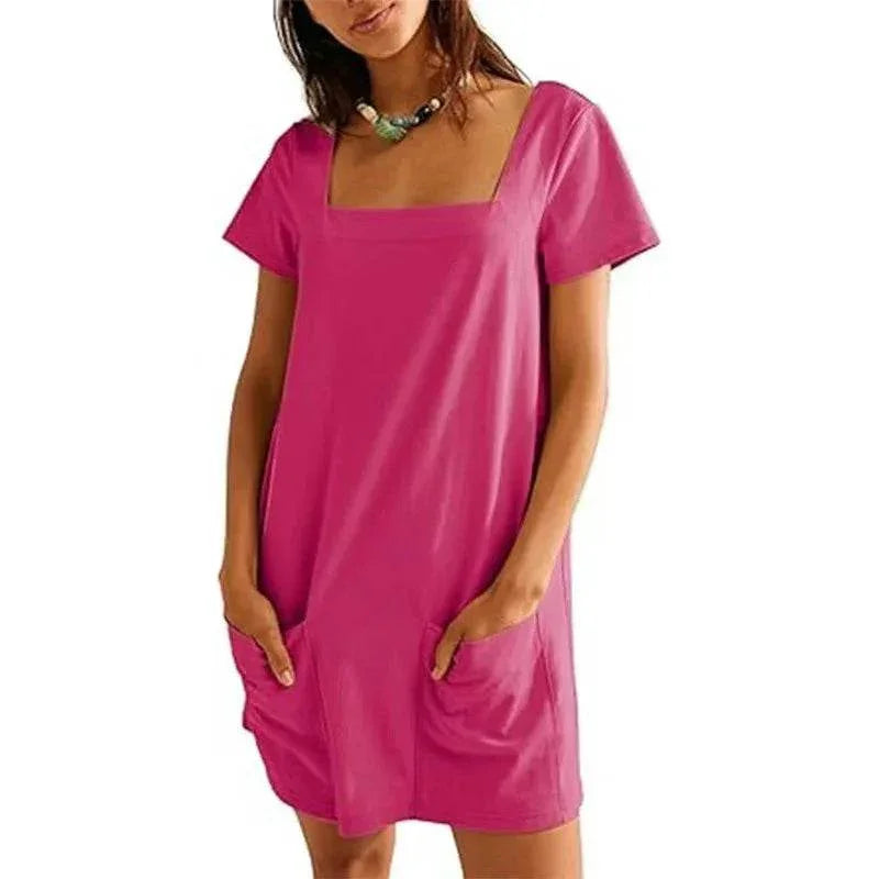 Square Collar Casual Short Dress with Pockets - ZA-Zola