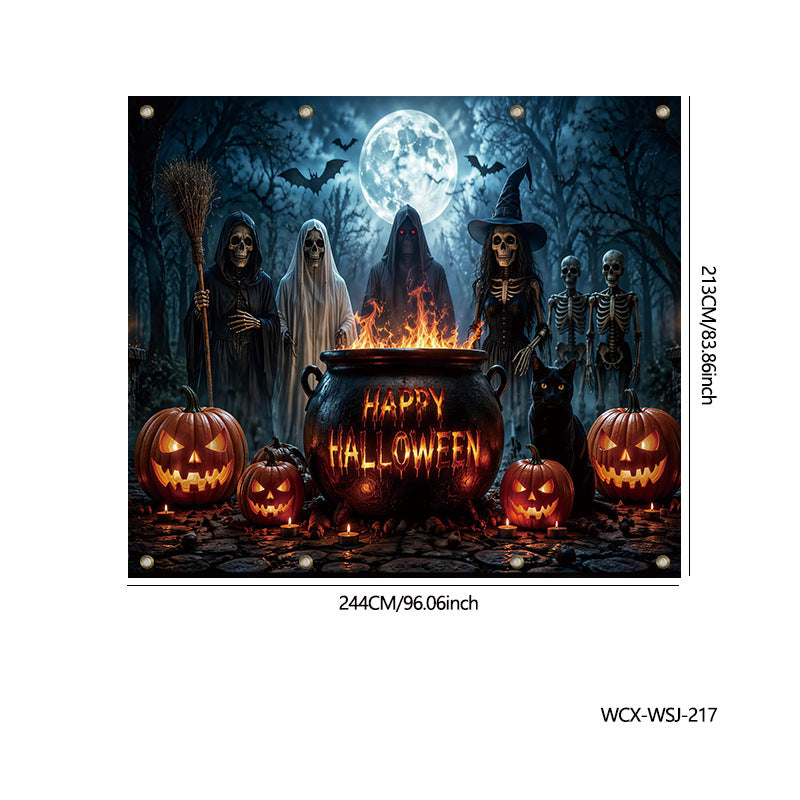 Halloween-themed wall art print showing a spooky forest scene with skeletons, a witch, a cauldron reading 'Happy Halloween,' jack-o'-lanterns, and a full moon. The print is presented with dimension markings and product code text around it on a white background.