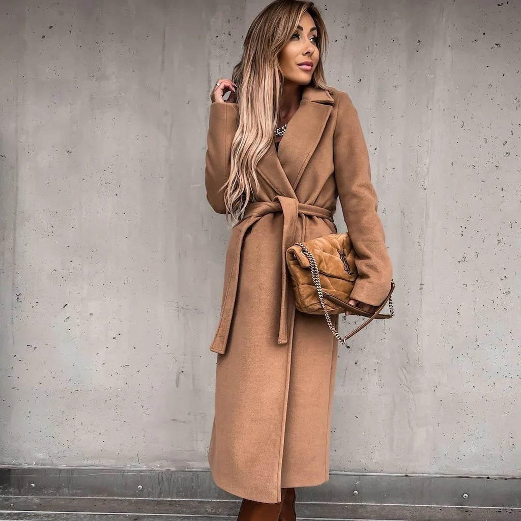 ZA-Zola Women’s Woolen Lace-Up Long Coat - ZA-Zola