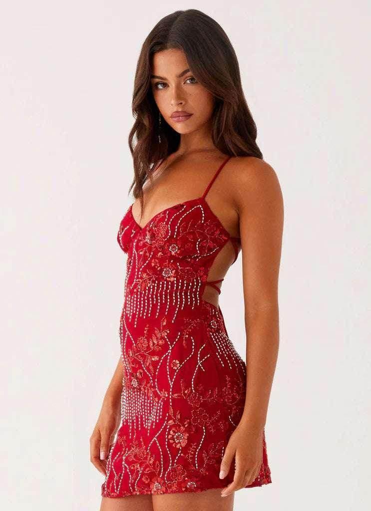 Women’s Sequin Embroidered Backless Sling Dress – High Waist Short Skirt (S–XXL) - ZA-Zola