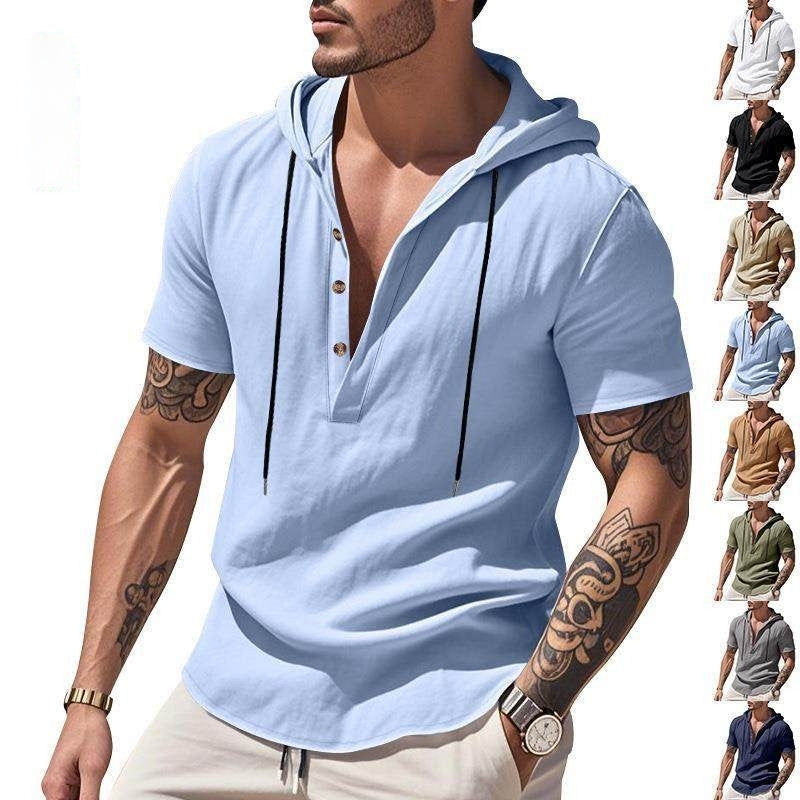 Man wearing a light blue short-sleeve hoodie with multiple color options displayed.