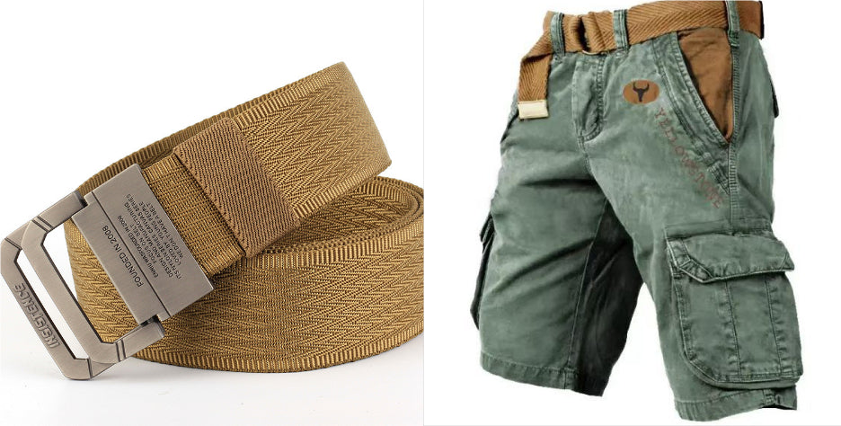 A split image showing two products: on the left, a tan woven web belt with a silver metal buckle; on the right, green cargo shorts with a brown belt and a small embroidered logo patch.
