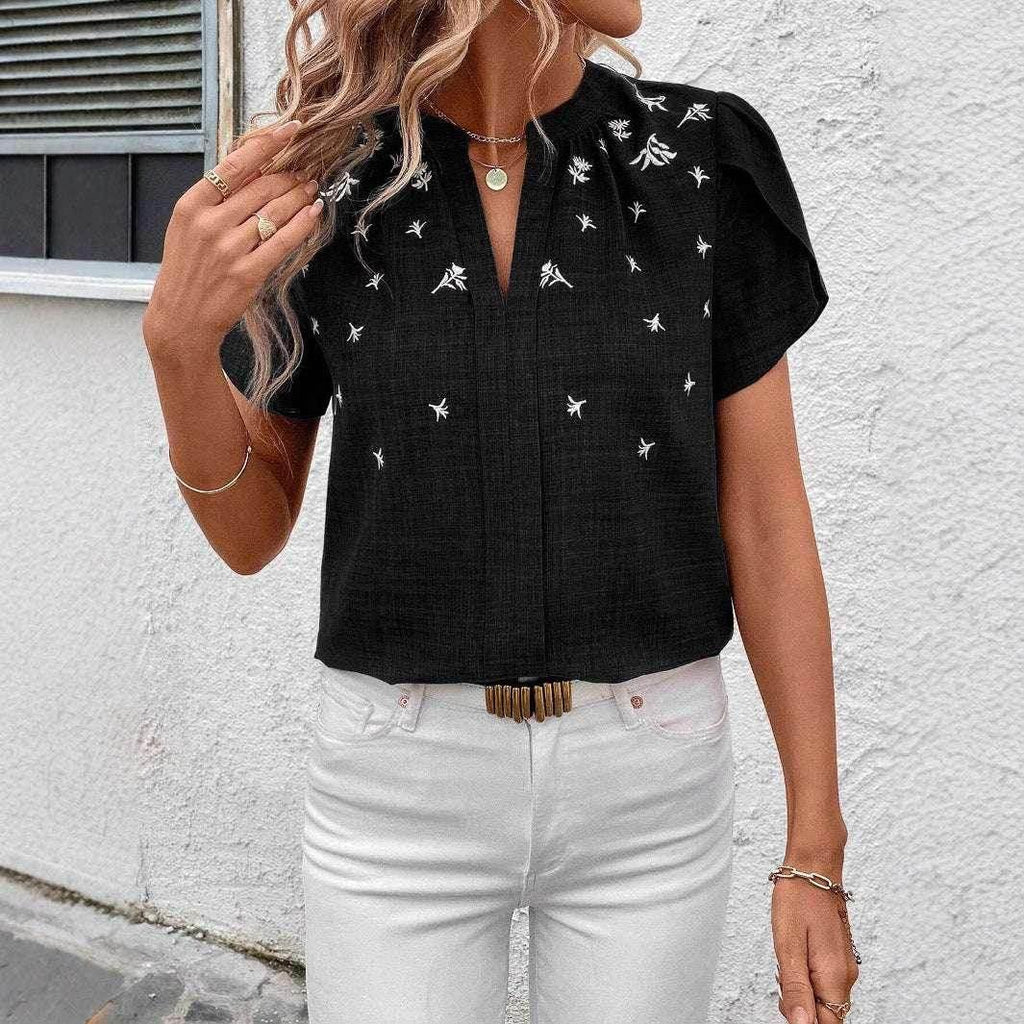 Half-Open Collar Printed Short Sleeve Blouse - ZA-Zola