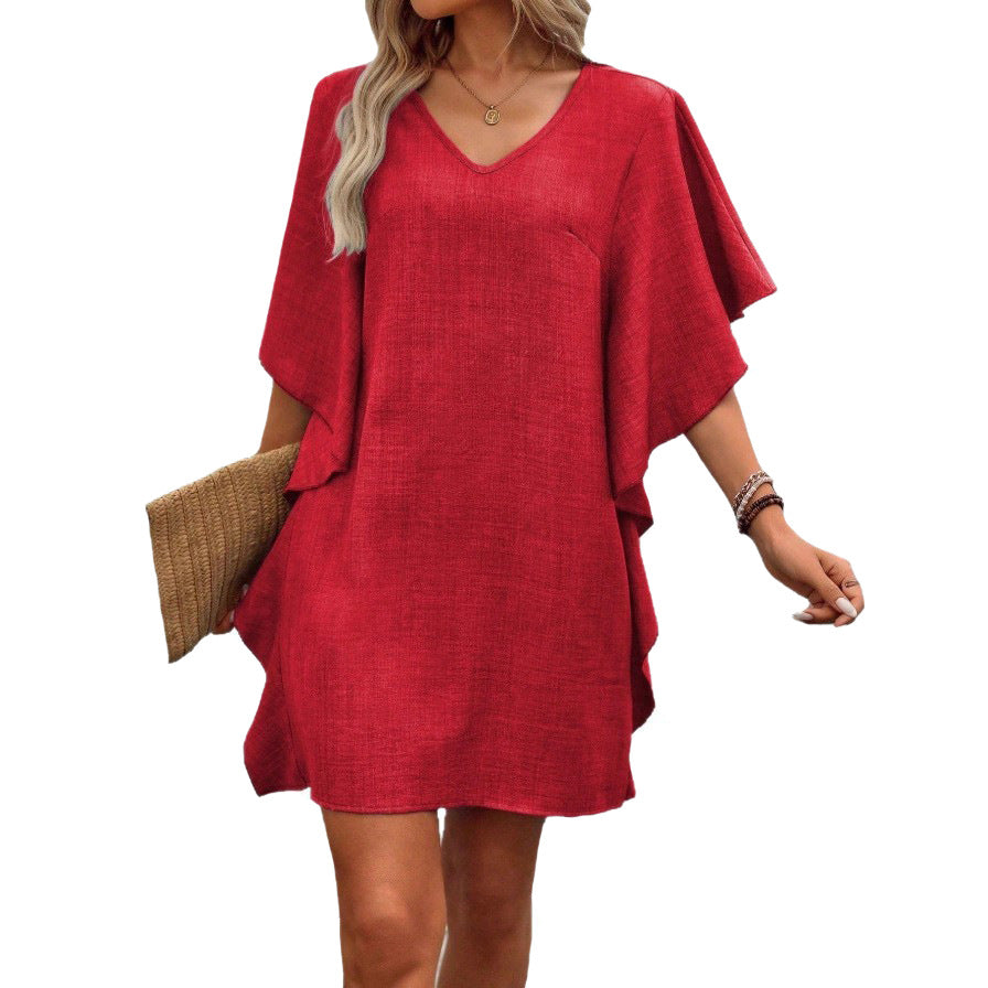 Solid Color Loose Fitting V-Neck Dress with Ruffled Hem – Flowing Mini Pullover Dress