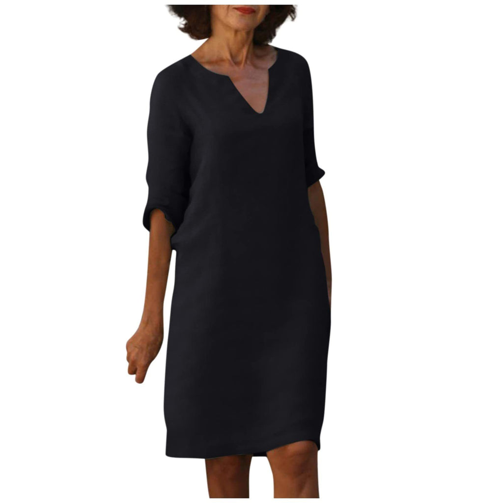 Cotton Linen V-Neck High Waist Retro Summer Dress – A-Line Solid Colour Mid-Length