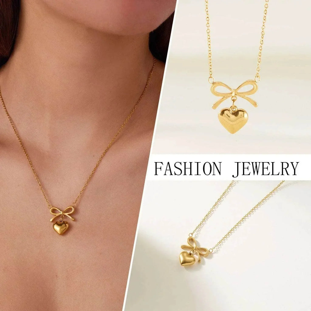 Stainless Steel Heart Bowknot Charm Necklace – Women's Fashion - ZA-Zola