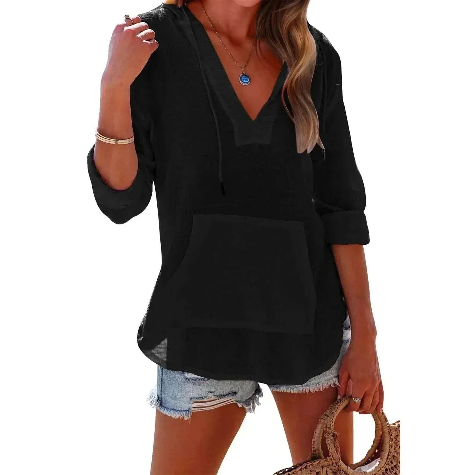 Women's V-Neck Hooded Cotton Split Shirt - ZA-Zola