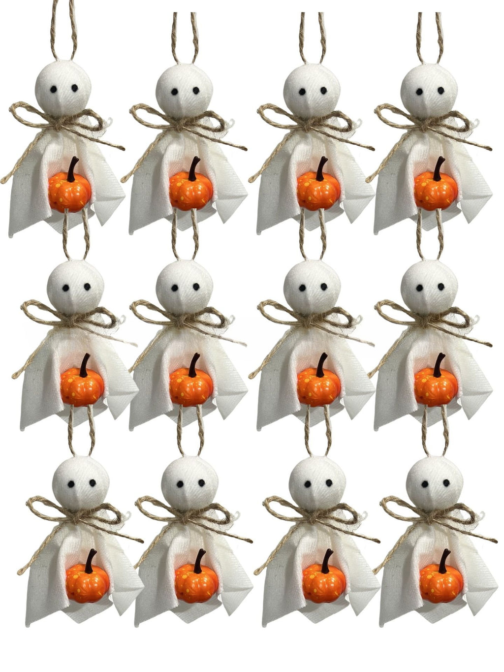 A set of 12 Halloween ghost ornaments arranged in a 3x4 grid on a white background. Each ornament features a white wooden head with black eyes, a white tulle cape, a brown twine bow, and a small orange pumpkin in the center.