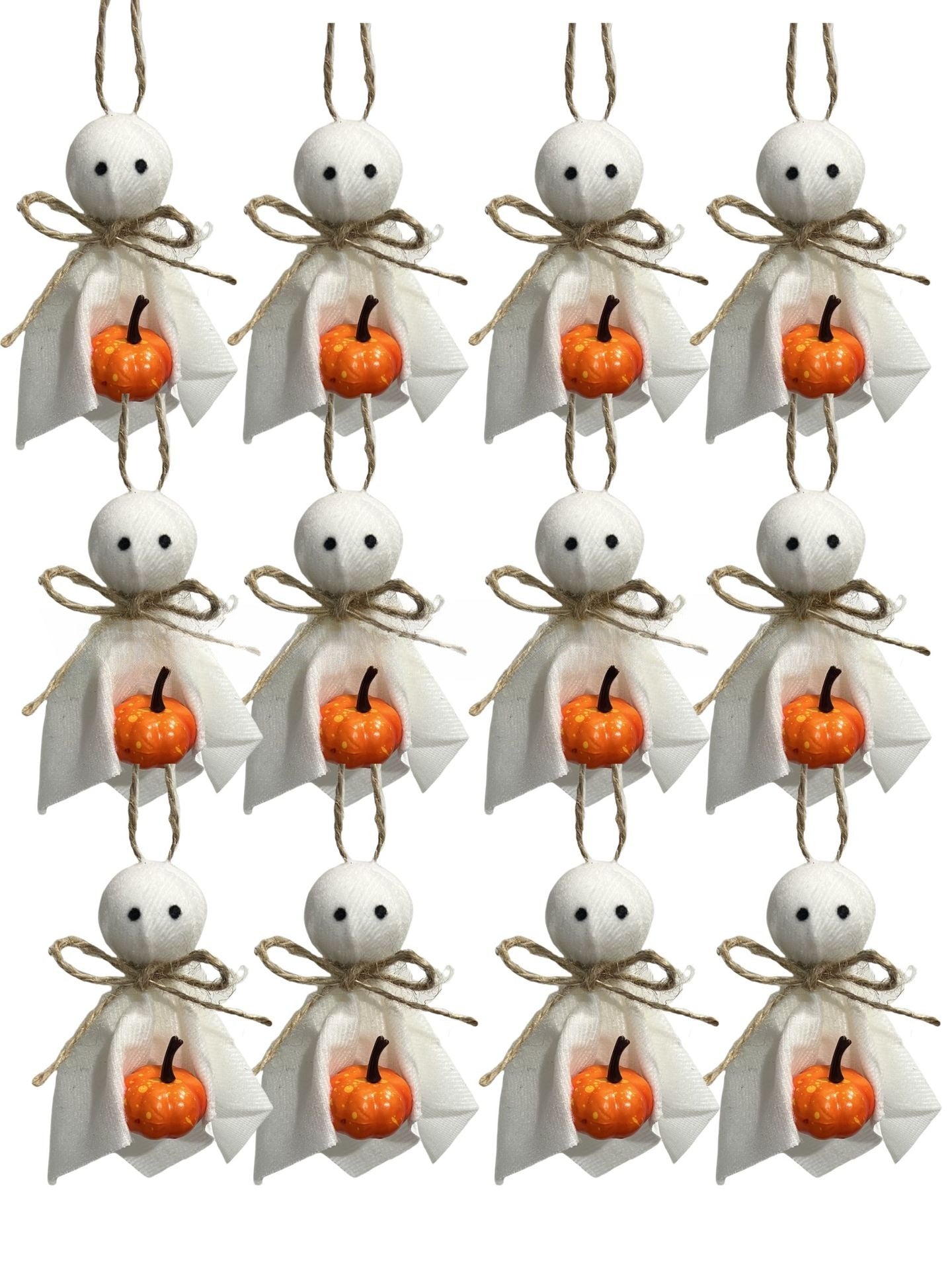 A set of 12 Halloween ghost ornaments arranged in a 3x4 grid on a white background. Each ornament features a white wooden head with black eyes, a white tulle cape, a brown twine bow, and a small orange pumpkin in the center.