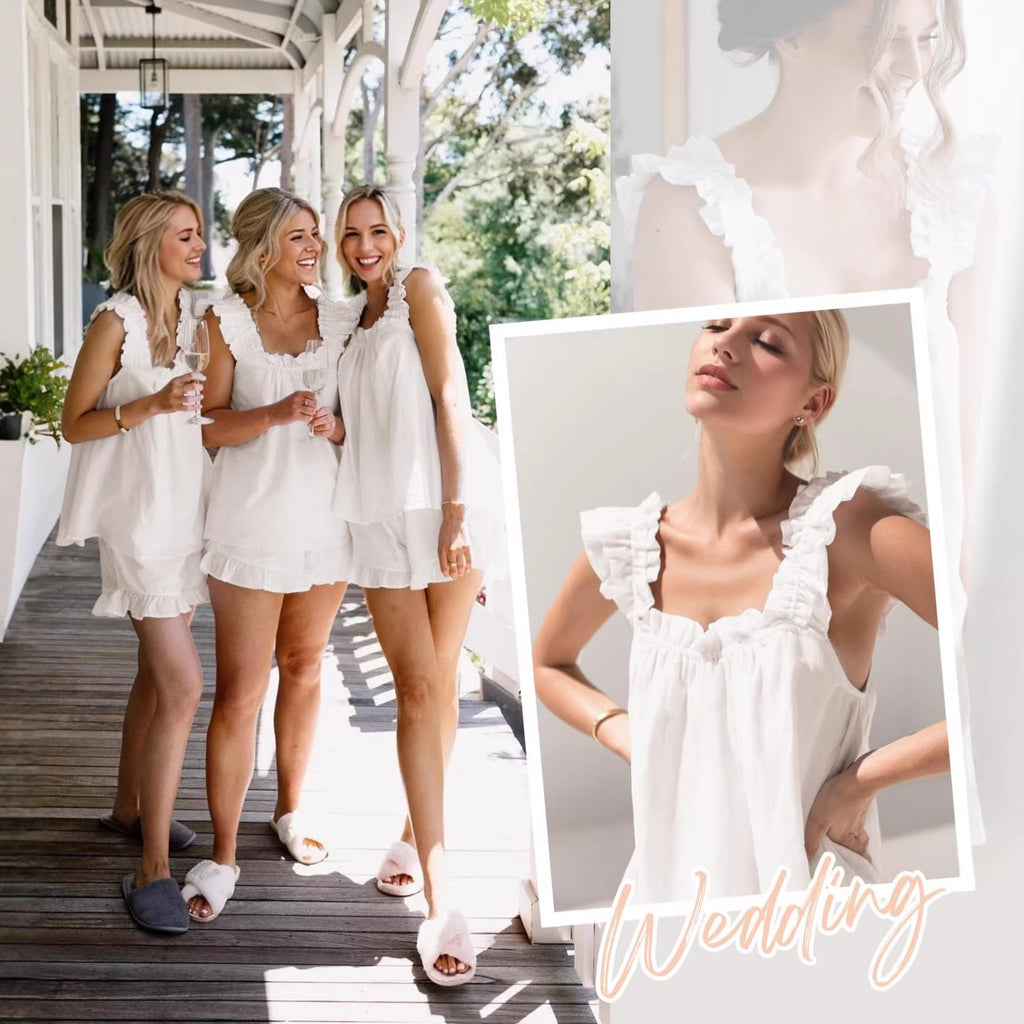 Three women in white dresses standing on a wooden deck, with a close-up of a white dress and 'Wedding' text.
