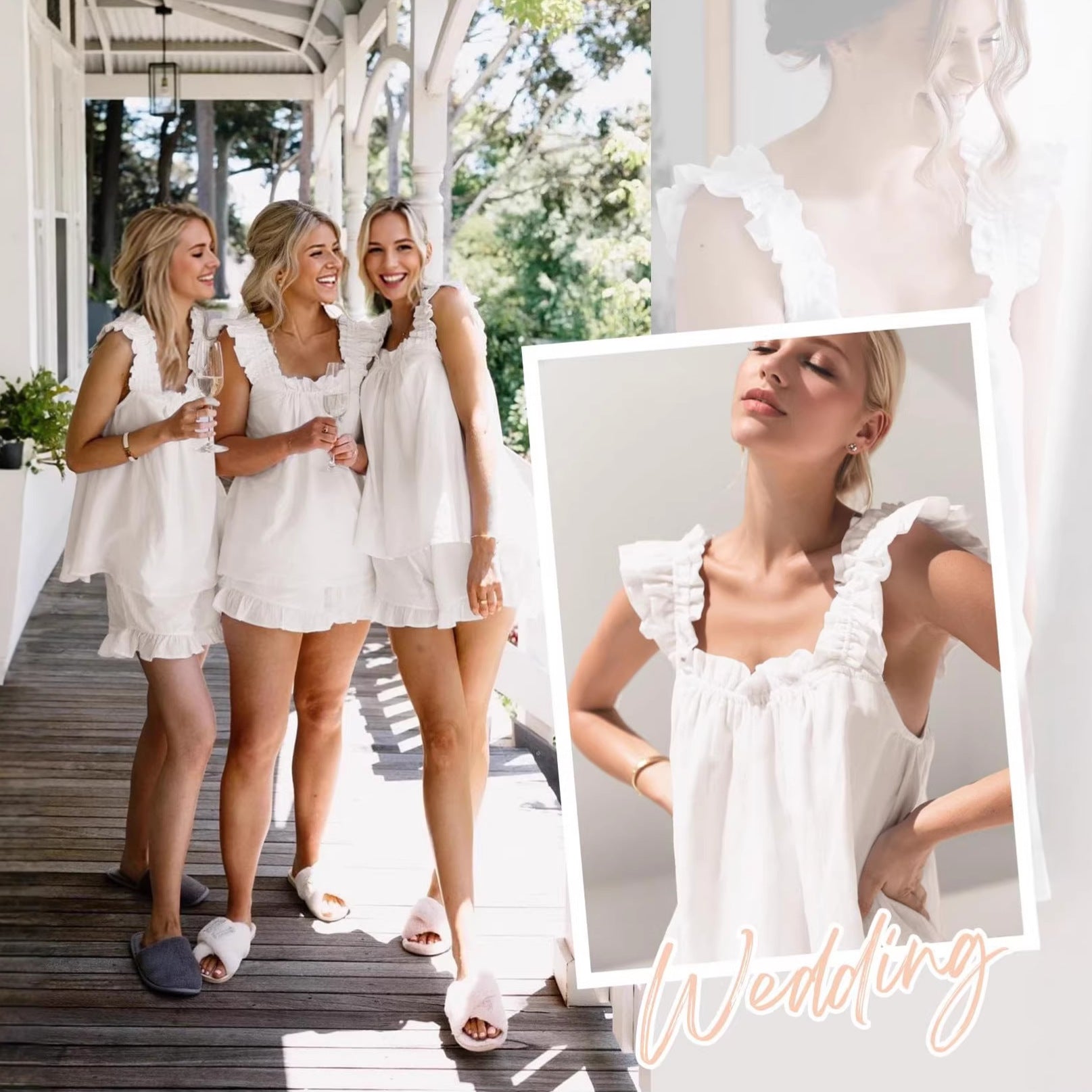 Three women in white dresses standing on a wooden deck, with a close-up of a white dress and 'Wedding' text.