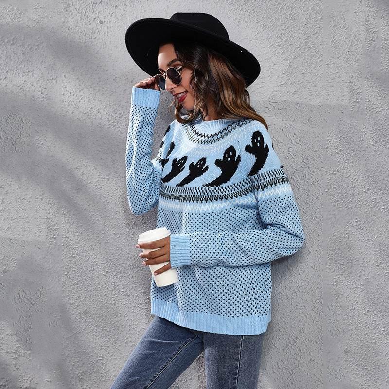 ZA-Zola Halloween Ghost Polka Dot Pullover Sweater - ZA-Zola