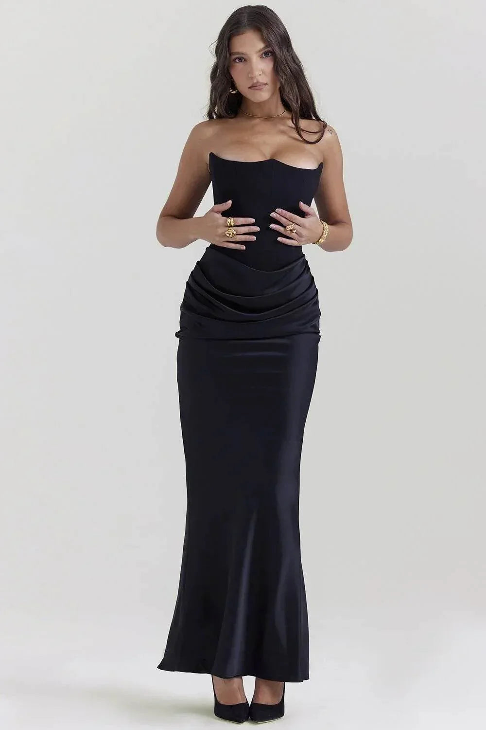 Off-Shoulder Slimming Fishbone Silk Dress – Elegant Evening Fit - ZA-Zola