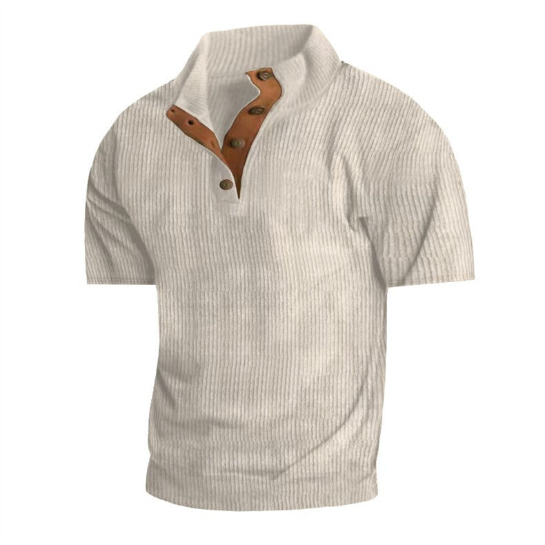 Beige short-sleeve shirt with brown buttons on a white background