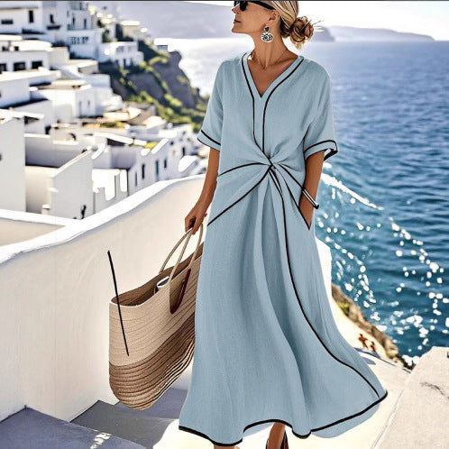 Women’s Summer Striped Print Short Sleeve Casual Beach Maxi Dress