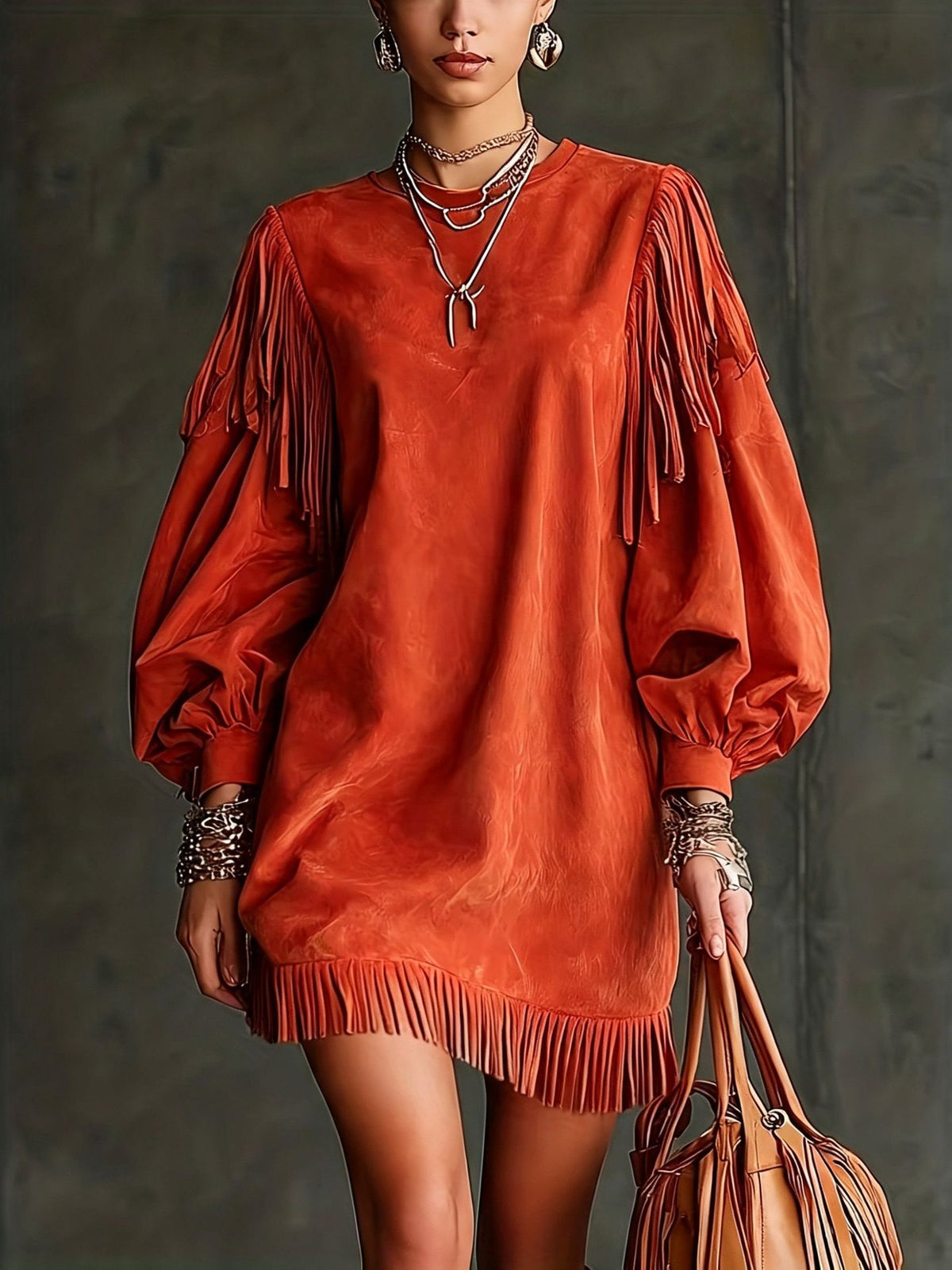A model wears a rust-orange suede puff-sleeve mini dress with fringe detailing on the sleeves and hem, accessorized with layered silver necklaces, bracelets, and earrings, and holds a matching rust-orange fringe handbag against a dark textured studio backdrop.