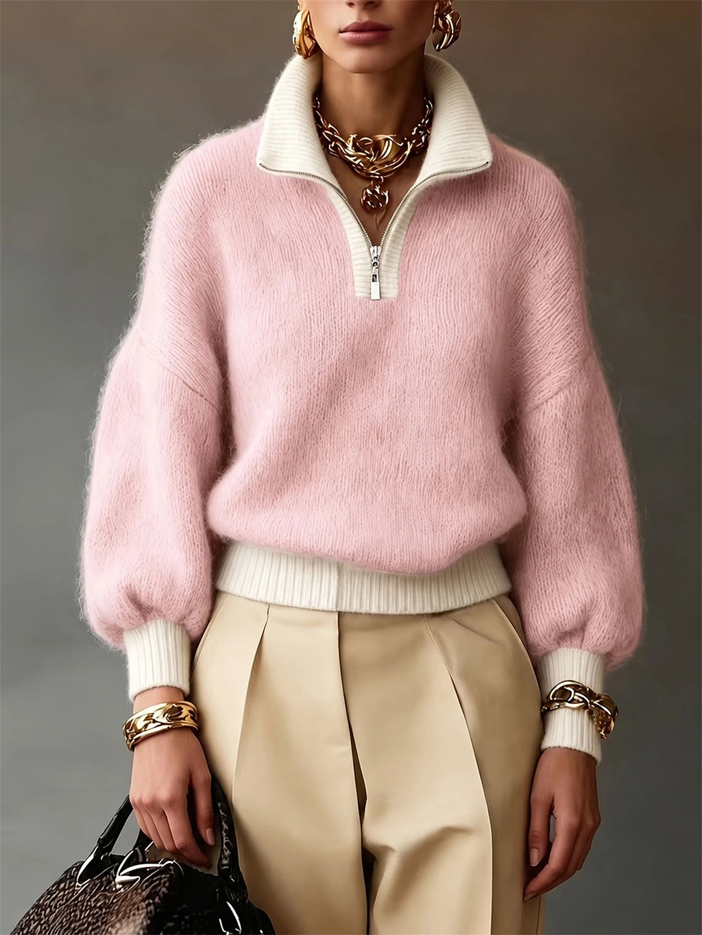 A model wears a fuzzy light pink quarter-zip sweater with cream ribbed trim, paired with beige pleated trousers and gold jewelry, against a neutral gray background.