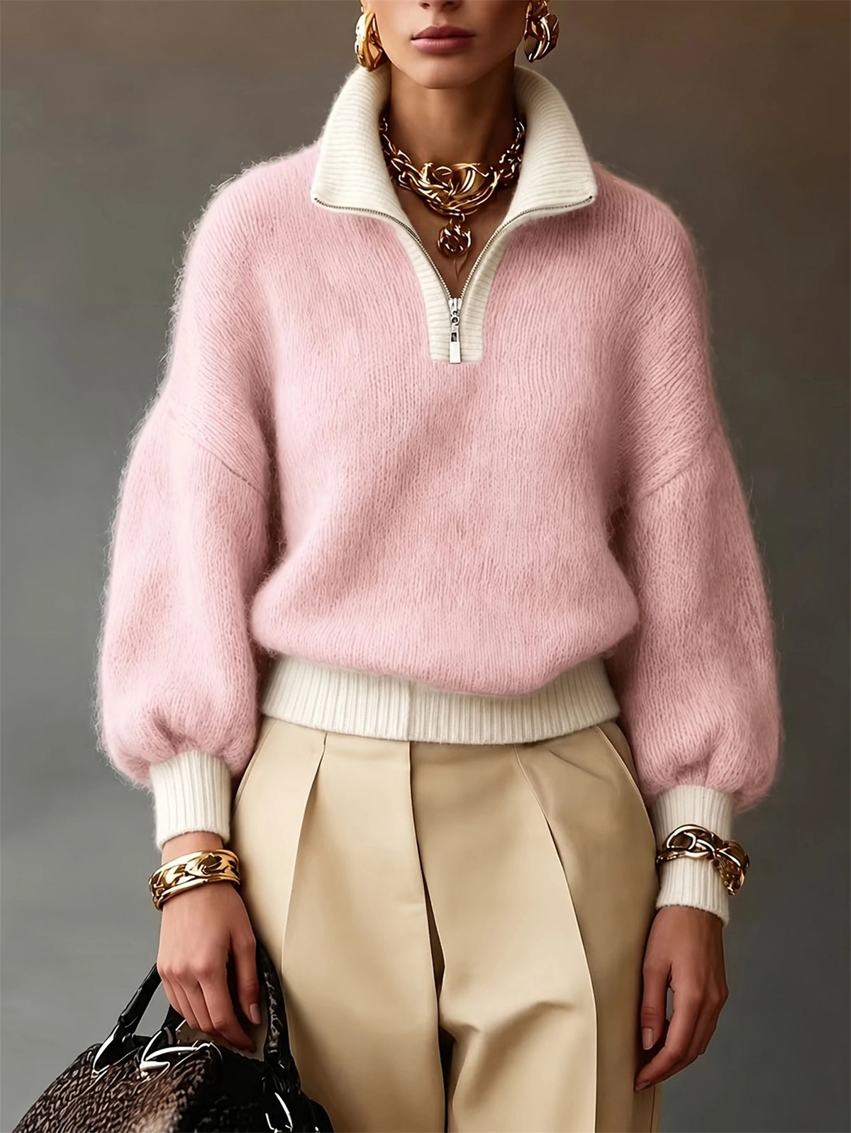A model wears a fuzzy light pink quarter-zip sweater with cream ribbed trim, paired with beige pleated trousers and gold jewelry, against a neutral gray background.