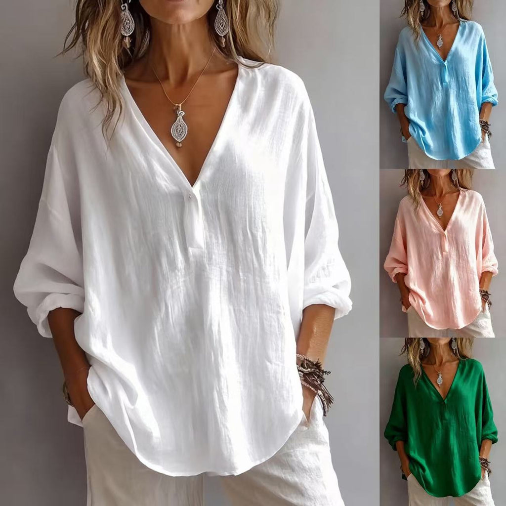 White blouse with a woman wearing it against a gray background, with additional color options shown.