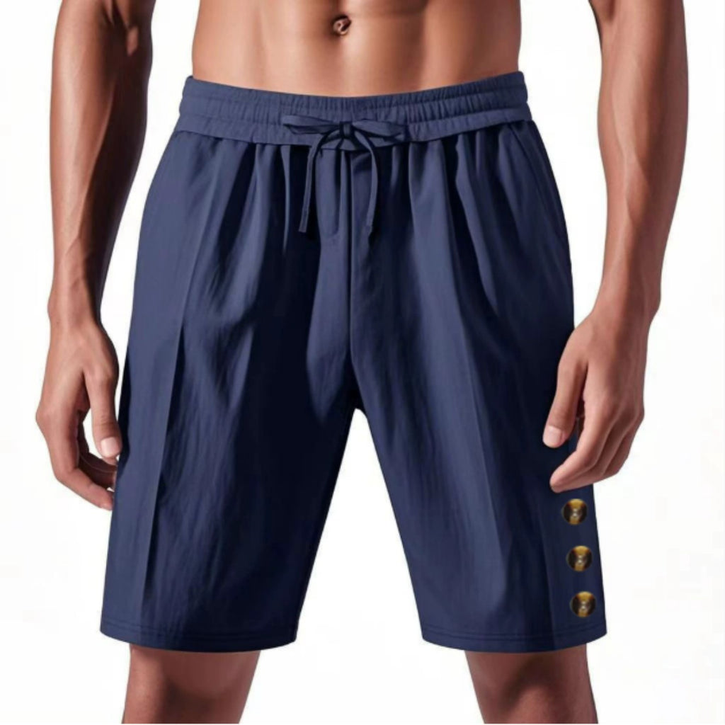 Navy blue shorts with gold buttons on a white background