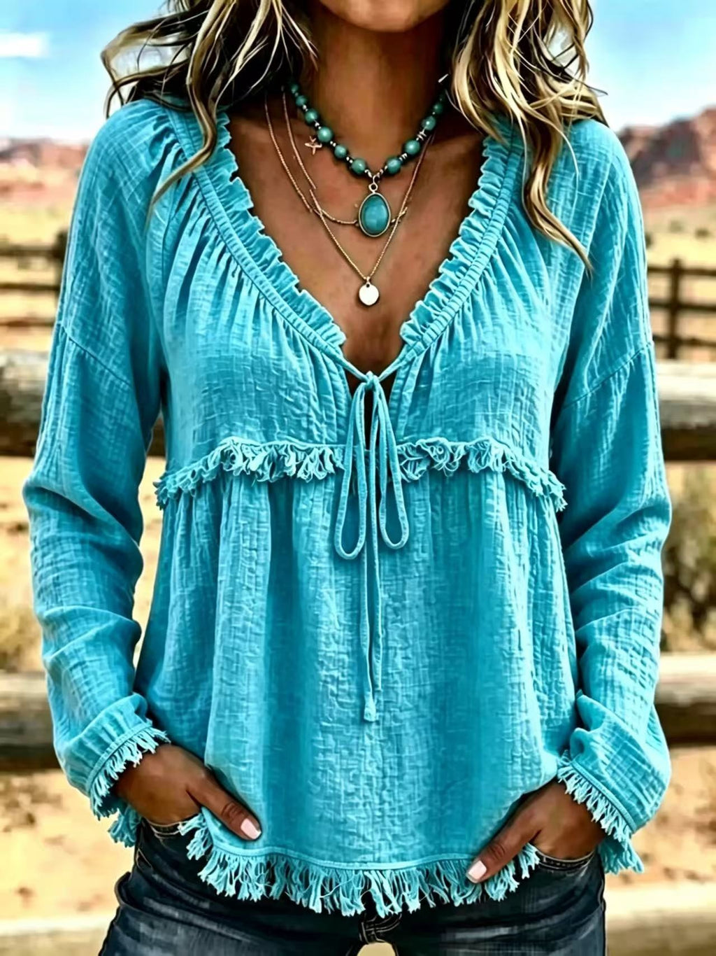 V-Neck Turtleneck Long Sleeve Top – Solid Color Tee