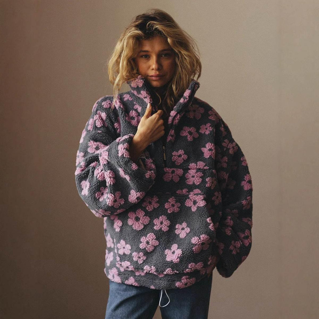 Winter Flowers Lambskin Sweatshirt – Cozy Zip-Up Pullover - ZA-Zola
