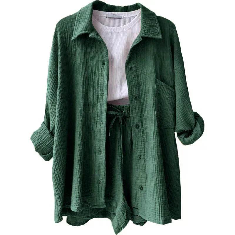 ZA-Zola green button-up shirt and shorts set with white top, trendy women's fashion UK