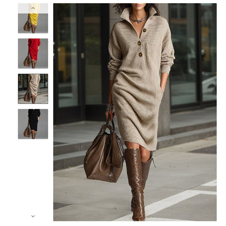 Woman wearing a beige sweater dress and brown knee-high boots, holding a brown handbag.