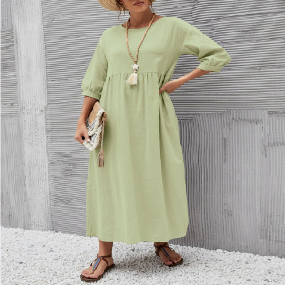 Summer Short Sleeve Round Neck A-Line Dress With Pockets Women Solid Casual Cotton Summer Dress