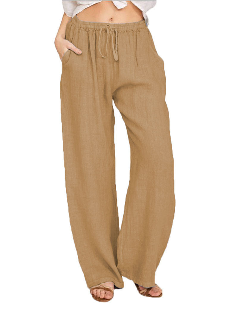 Gray wide-leg pants with a drawstring waist on a white background