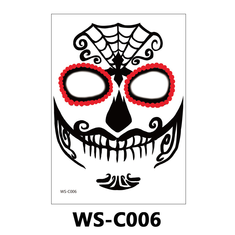 A Halloween temporary tattoo sheet featuring a sugar skull design with red beaded eye outlines, black spiderweb details, and the code WS-C006 printed below on a white background.