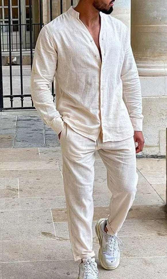 Men Linen Lounge Suit Long Sleeve Shirt & Trousers - ZA-Zola
