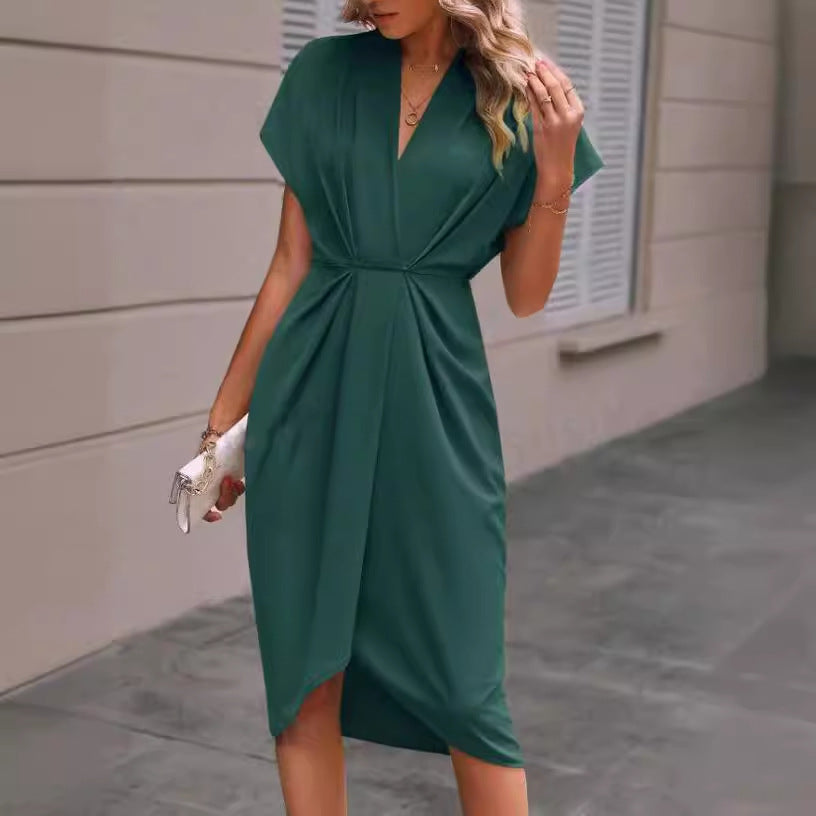 Summer Batwing Sleeve V-Neck Pleated Midi Dress for Women