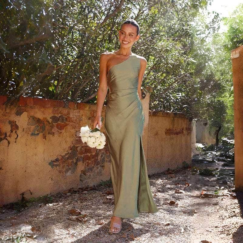 One-Shoulder Satin Split Dress – Sleek & Elegant Fit - ZA-Zola
