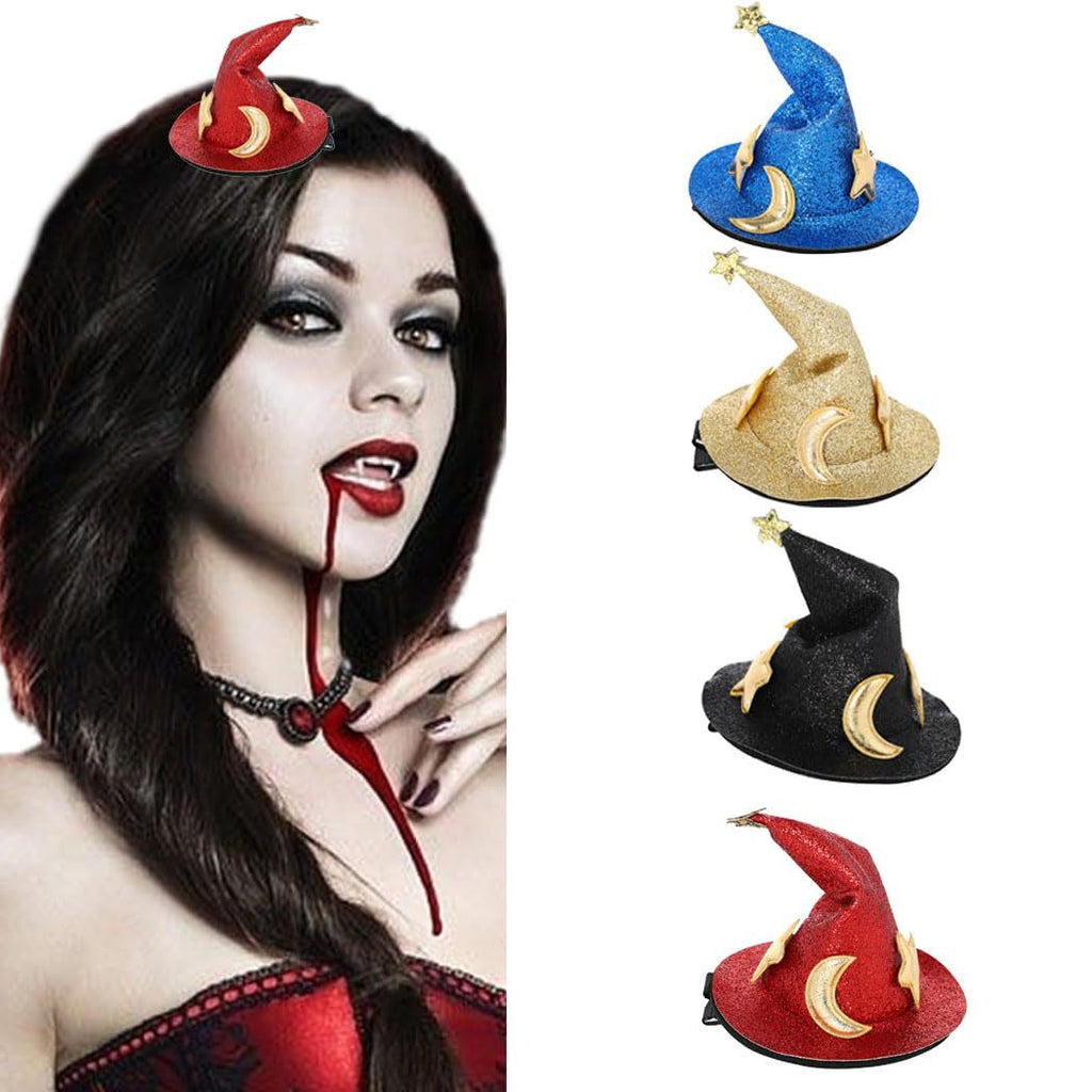 Woman with dark makeup and red accents wearing a witch hat next to four different colored witch hats.