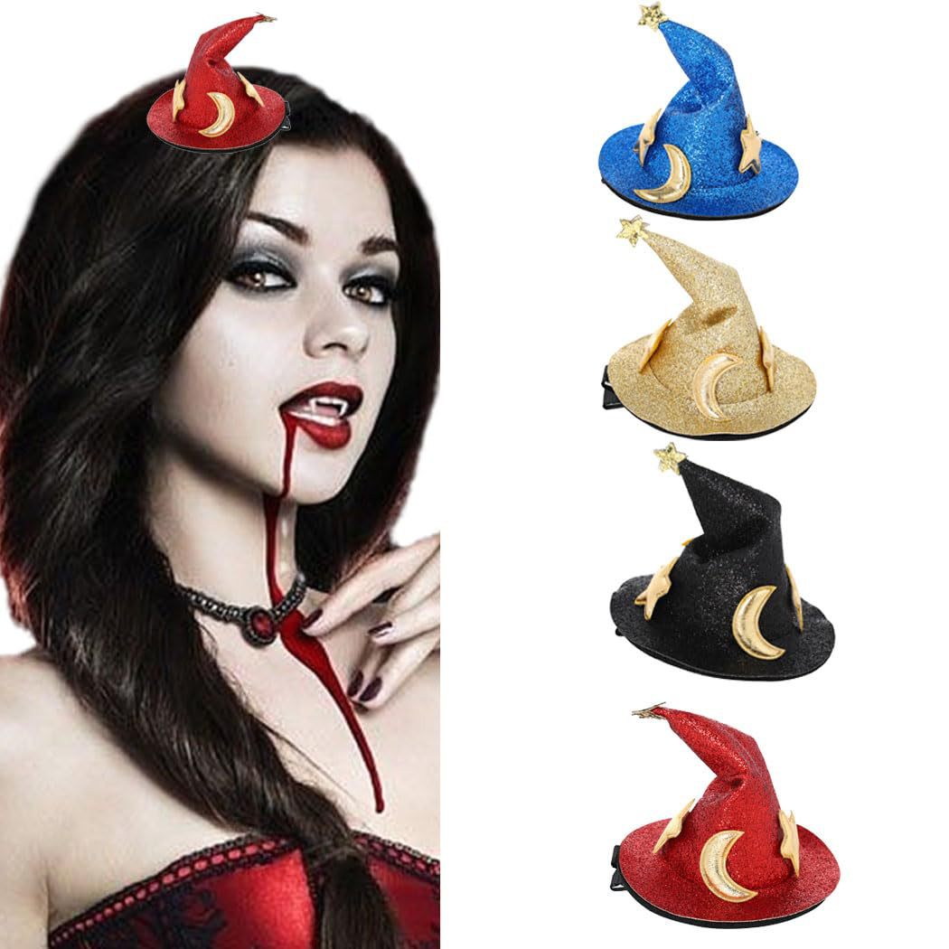 Woman with dark makeup and red accents wearing a witch hat next to four different colored witch hats.