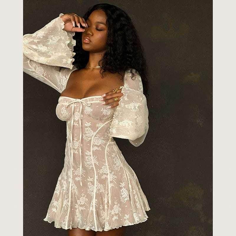 Fairy Lace Square Collar Mini Dress – A-Line Charm - ZA-Zola