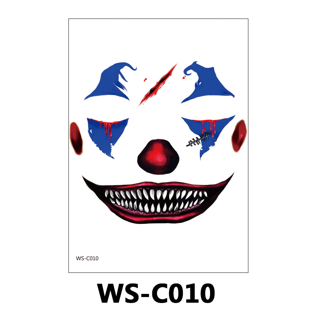 A rectangular product card showing a horror clown face design with blue eye shapes, red blood-like details, a red nose, and a wide grin with white teeth. The card includes the text WS-C010, and the same model number appears in large black text below the card on a white background.