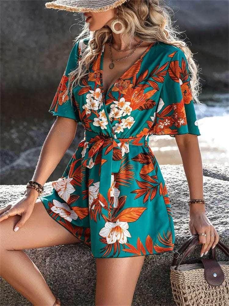 Beach Ruffle Sleeve Printed Jumpsuit – Summer Chic - ZA-Zola