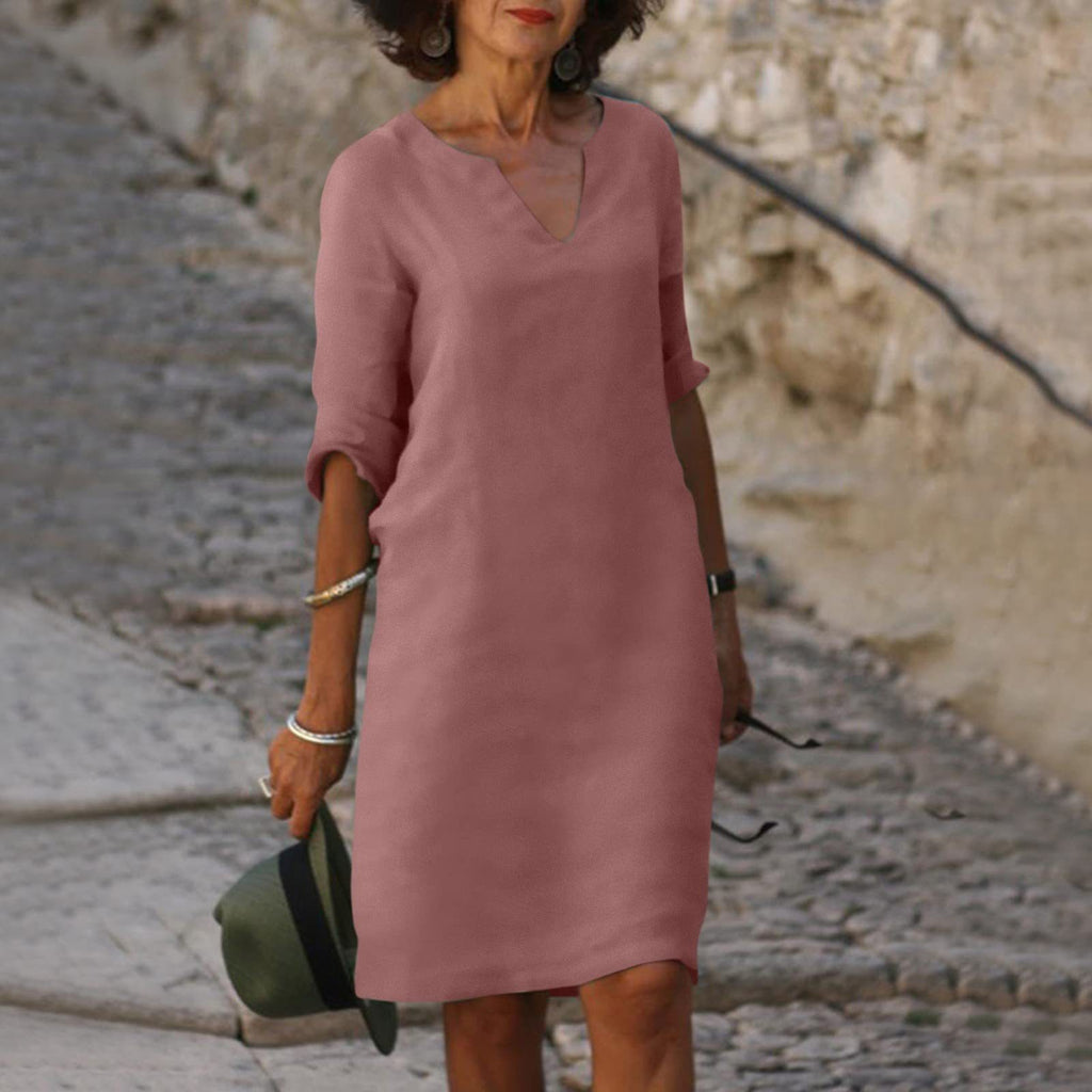 Cotton Linen V-Neck High Waist Retro Summer Dress – A-Line Solid Colour Mid-Length
