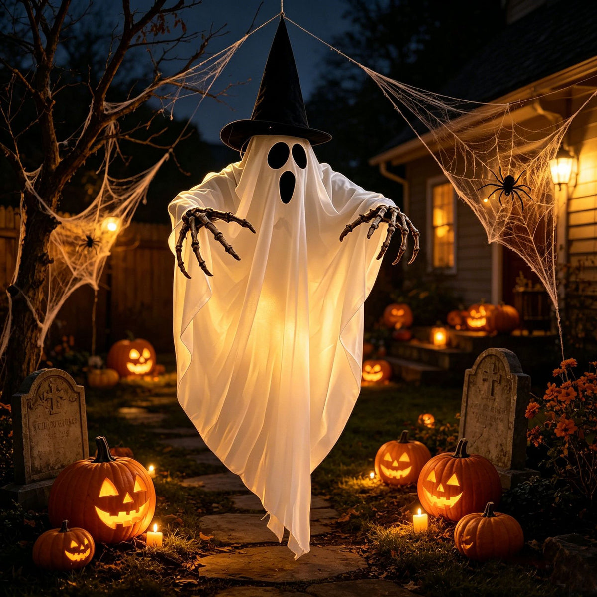 A Halloween ghost decoration stands on a stone path in a decorated yard at night, wearing a black witch hat and holding out skeletal hands. The scene includes glowing jack-o'-lanterns, cobwebs, tombstones, and a house in the background.