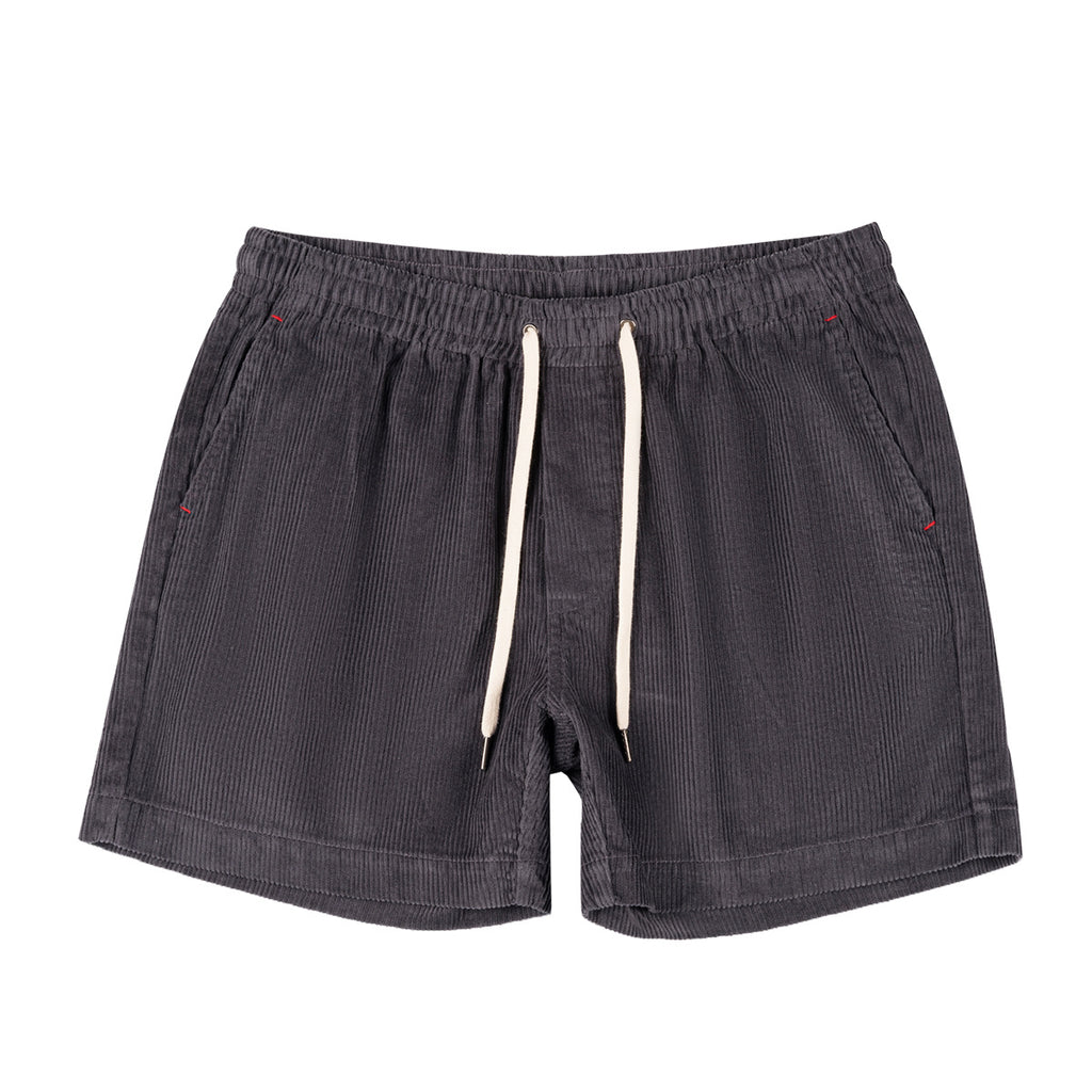 Dark gray shorts with a drawstring on a white background