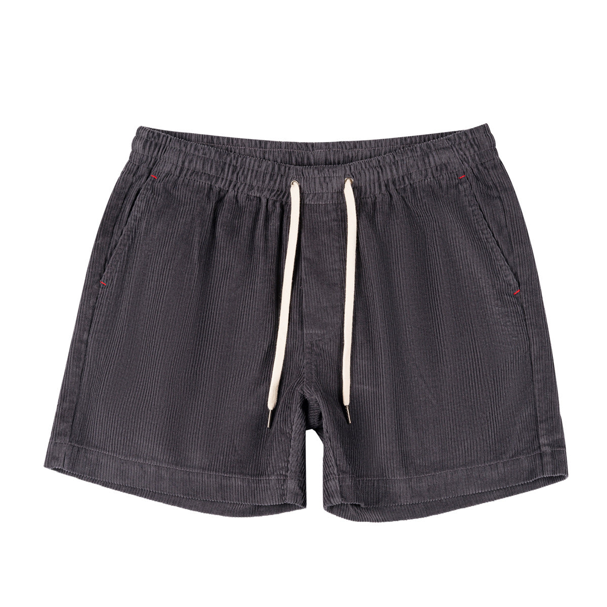 Dark gray shorts with a drawstring on a white background