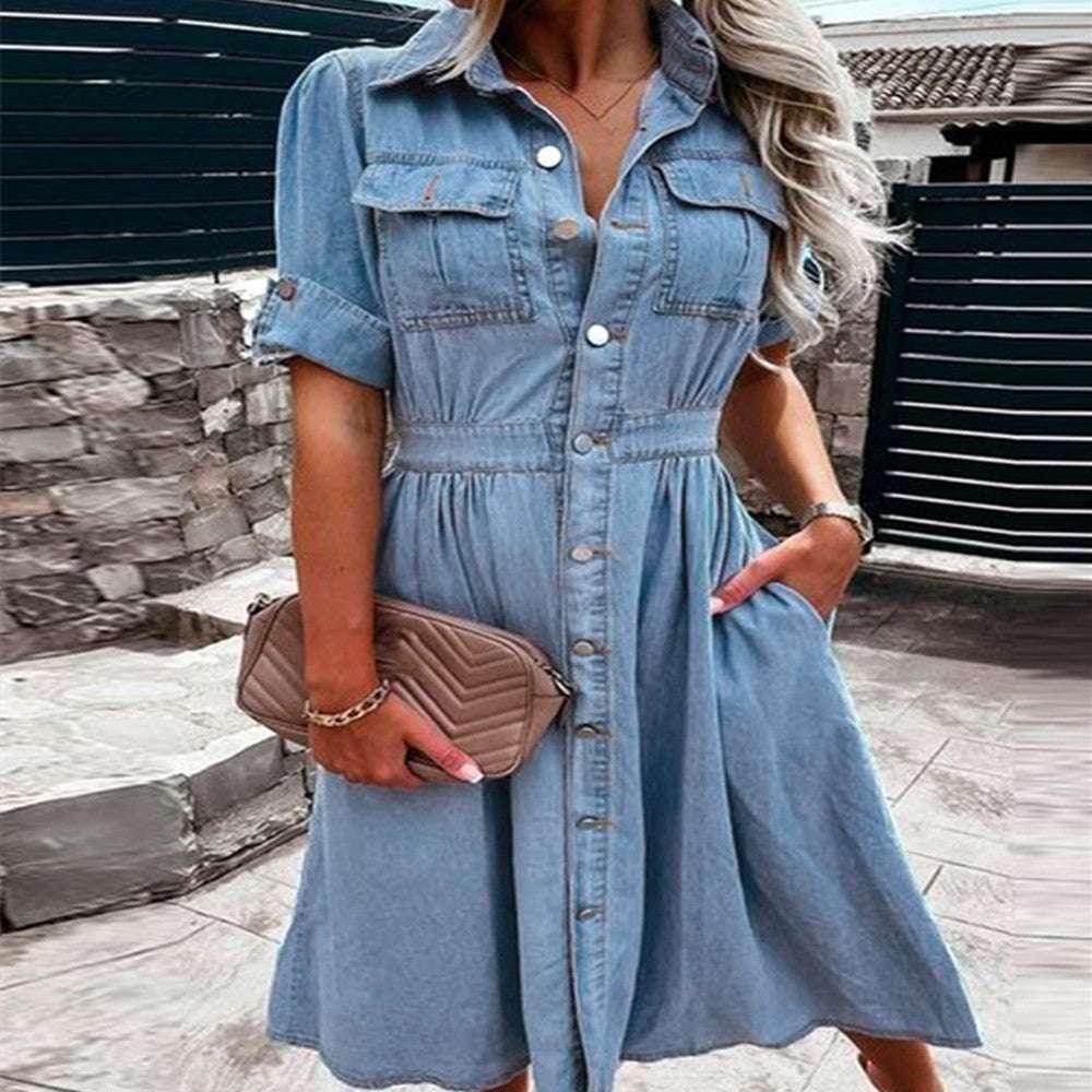 Elegant Denim Lapel Dress – Slim Fit & Stylish - ZA-Zola