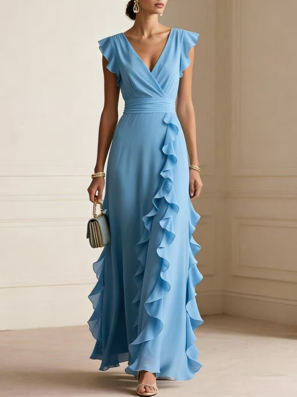 Woman wearing a blue ruffled gown against a neutral background