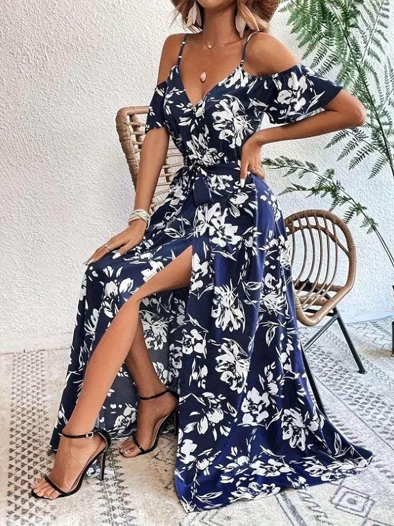 Ins Off-Shoulder Split Dress – Floral Summer Suspender Maxi with Belt - ZA-Zola