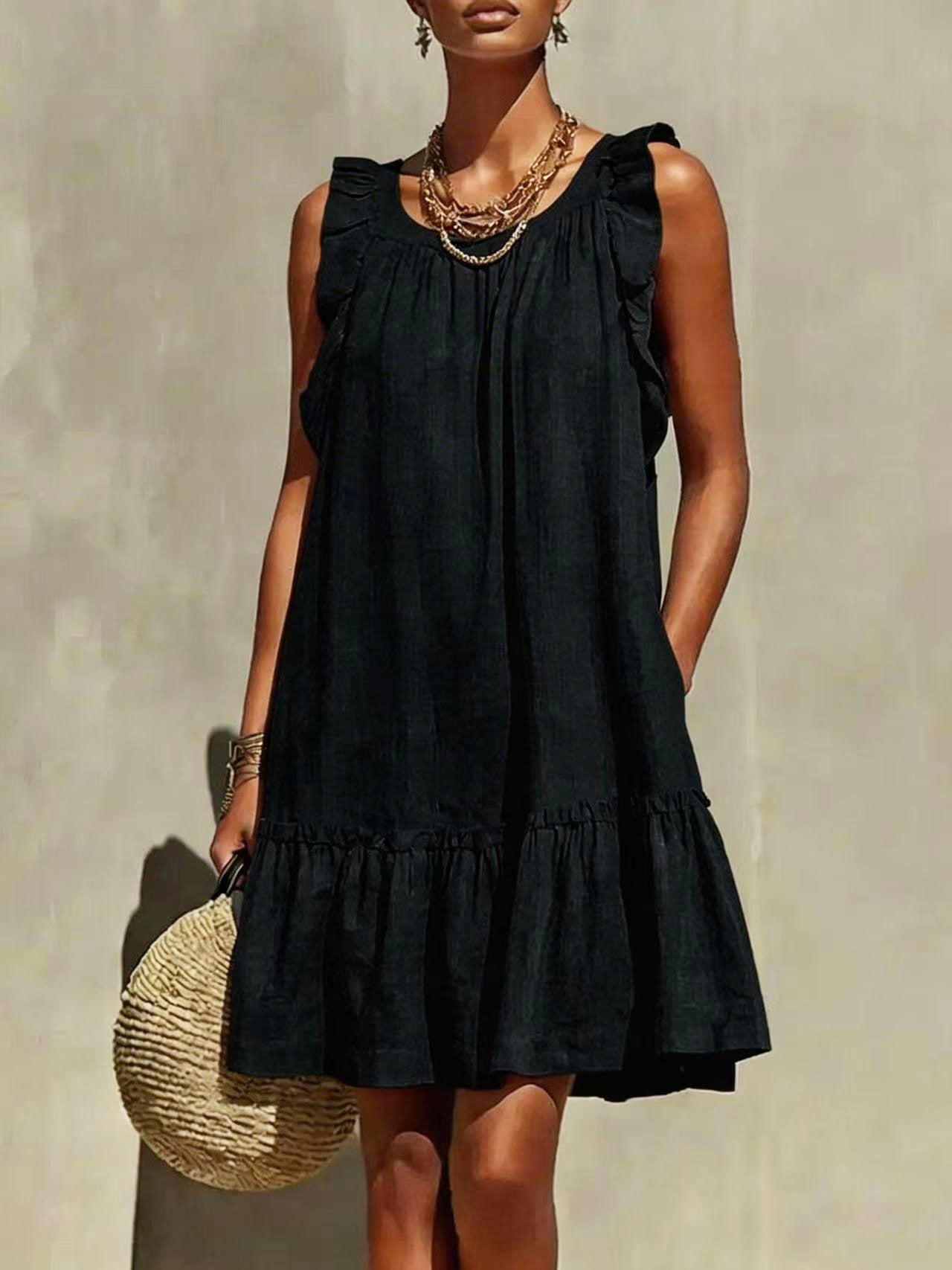 Casual Loose Round Neck Sleeveless Ruffle Trim Dress – Stylish A-Line Women's Fashion