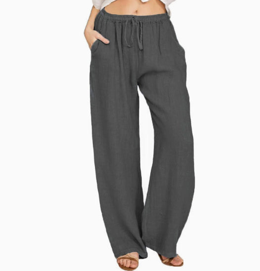 Gray wide-leg pants with a drawstring waist on a white background