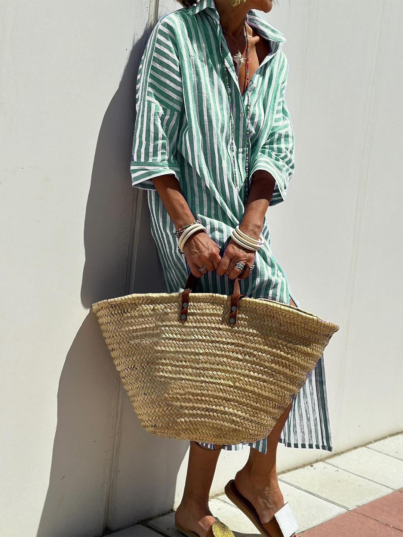 Striped Shirt Dress with Belt Half Sleeve Lapel Button Cardigan Dress Women's Fashion Clothing